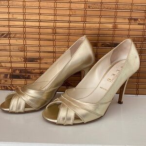 Something Bleu Peep Toe Heels, Gold, Size 8